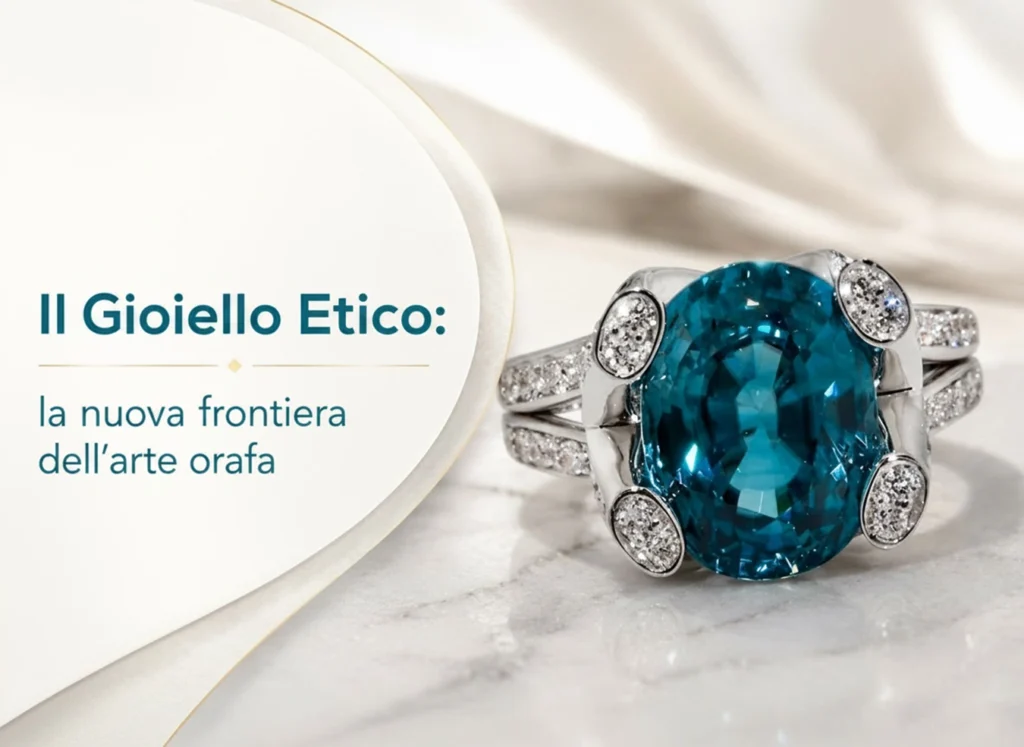 Anello con gemma blu e diamanti, esempio di gioiello etico realizzato con materiali selezionati e tracciabili