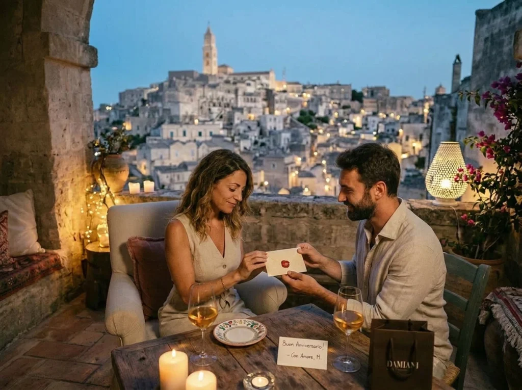 Consegna di un gioiello regalo durante una cena romantica con vista su Matera
