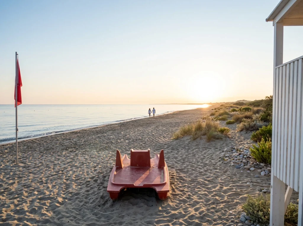 Spiaggia al tramonto che richiama l'ambientazione e l'ispirazione narrativa del gioiello Le Sirene