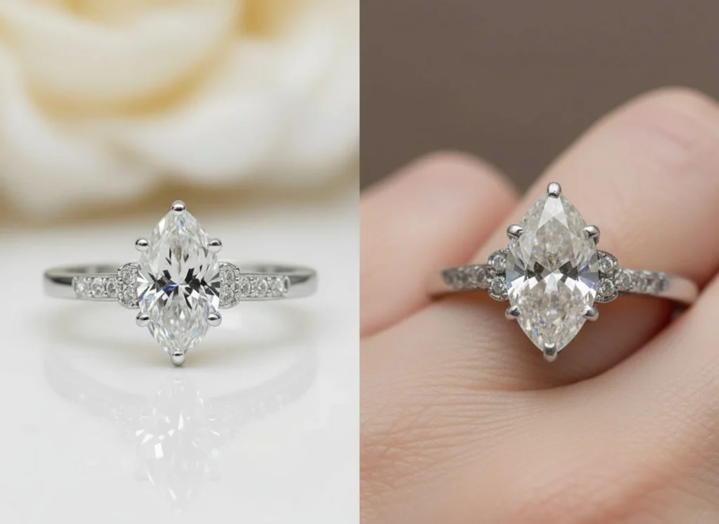 White gold ring with a central diamond before and after cleaning, an example of the results achievable with proper jewellery maintenance.