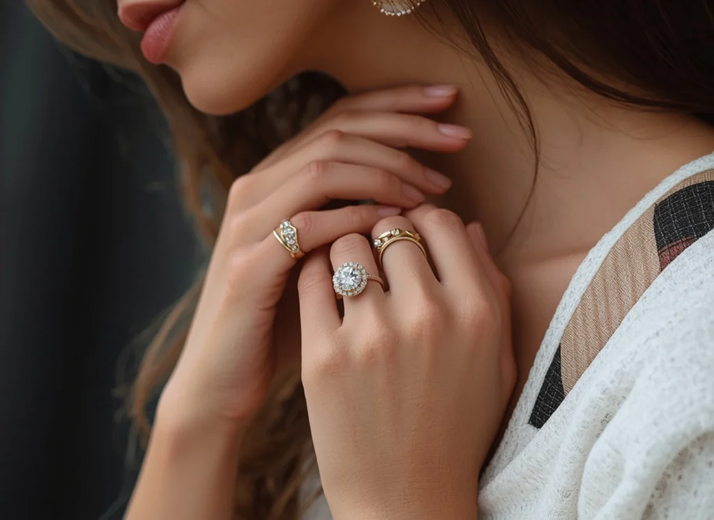 Donna che indossa anelli artigianali realizzati su misura, immagine dedicata alla scelta di gioielli unici e personalizzati.