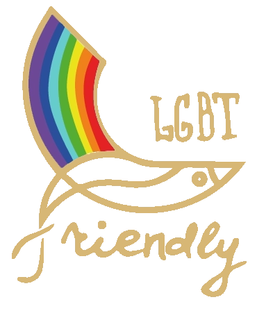 Friendly logo with a rainbow used as a graphic symbol of inclusivity and welcome