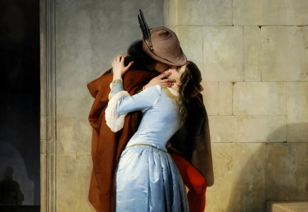 The painting The Kiss by Francesco Hayez housed in the Pinacoteca di Brera