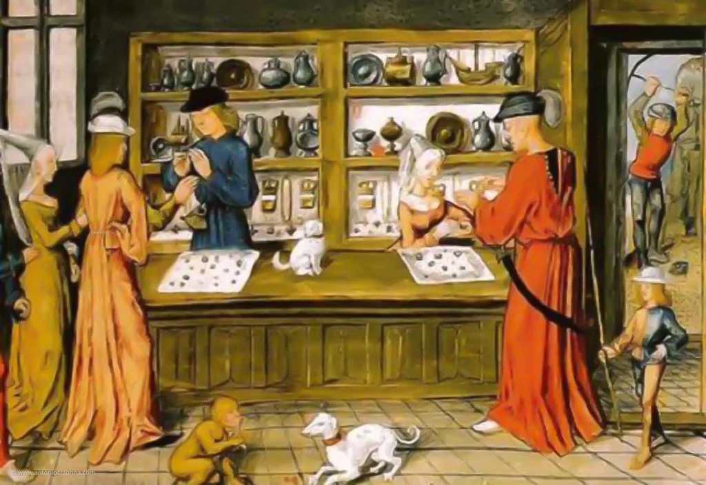 Raffigurazione di una bottega orafa rinascimentale a Firenze, con artigiani e clienti impegnati nella lavorazione e nel commercio di gioielli e oggetti preziosi.