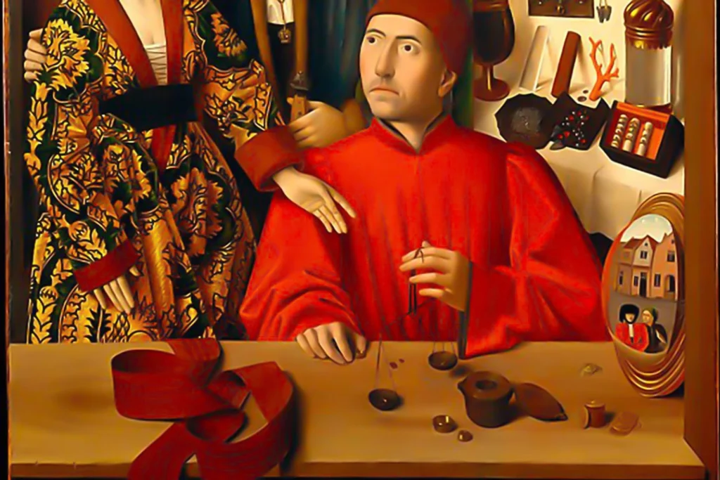 Raffigurazione di un orafo e mercante di preziosi in epoca rinascimentale, testimonianza della storia della gioielleria e dell'arte orafa europea.