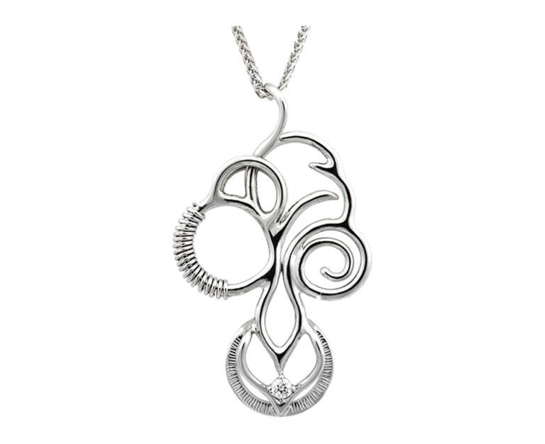 Pendente in oro bianco con diamante Rotta Segreta, vista frontale con struttura organica