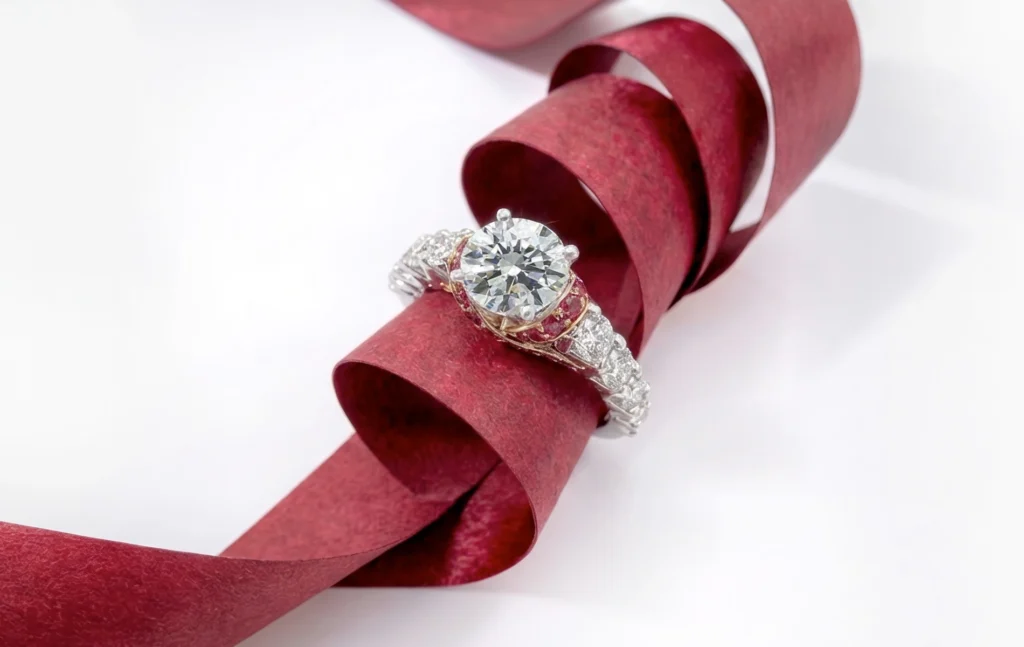 Gold solitaire and trilogy rings with diamonds and a ruby on a red ribbon