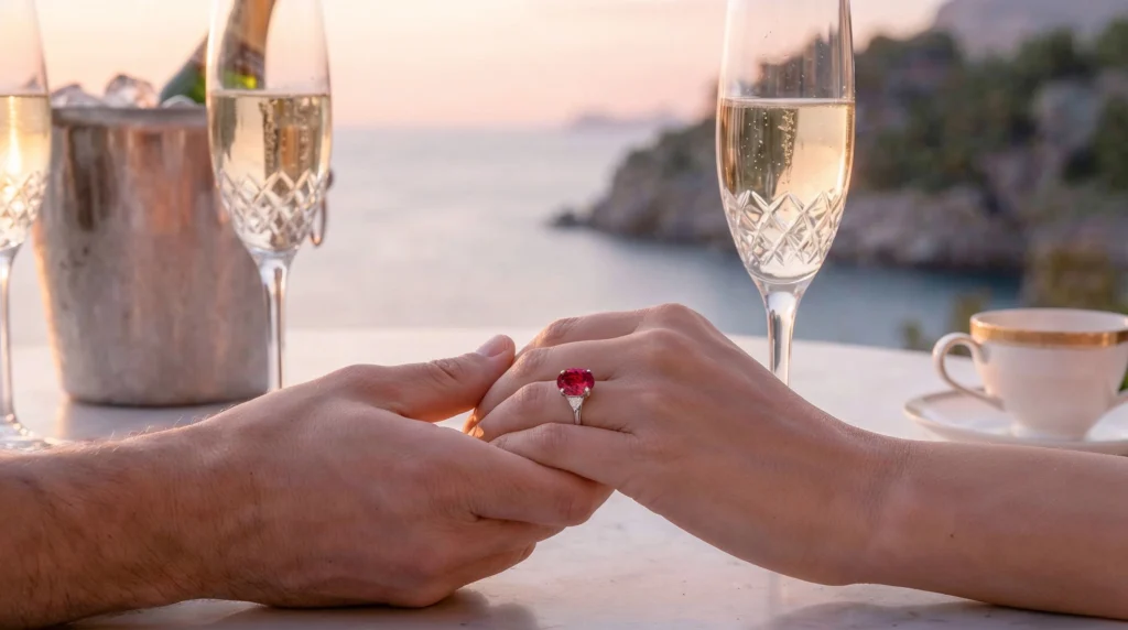 Ruby engagement ring worn by the sea