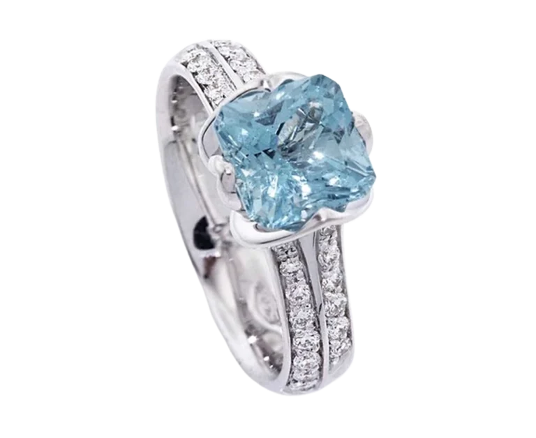 Promise engagement ring in white gold with a central aquamarine and diamonds set on the band.