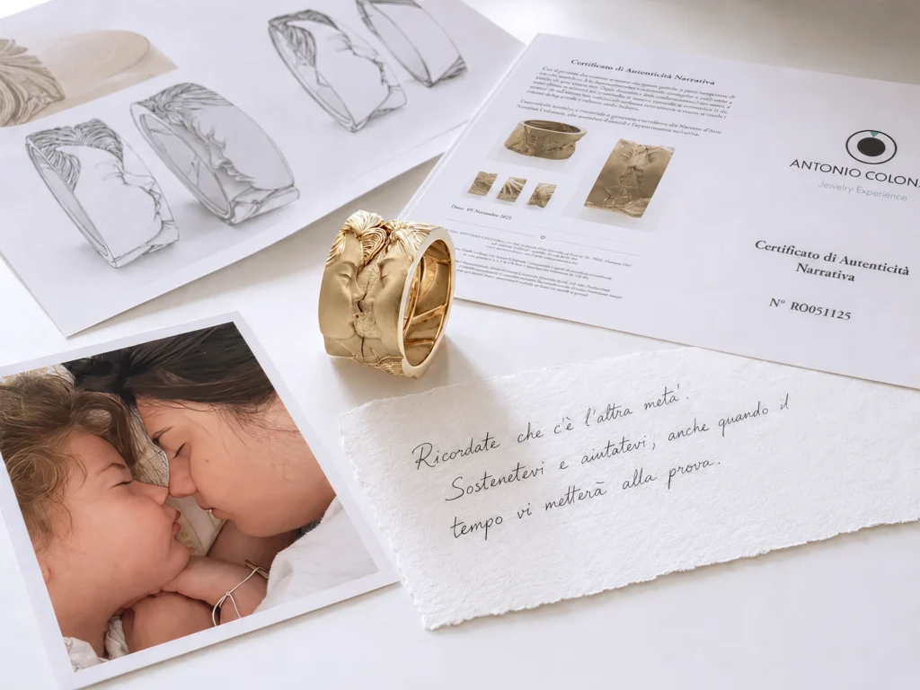 Bespoke narrative jewellery. Stop Time ring in yellow gold with sketches and notes