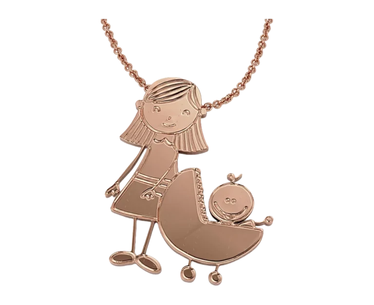 Custom rose gold pendant featuring a stylised little girl with a mum and pram