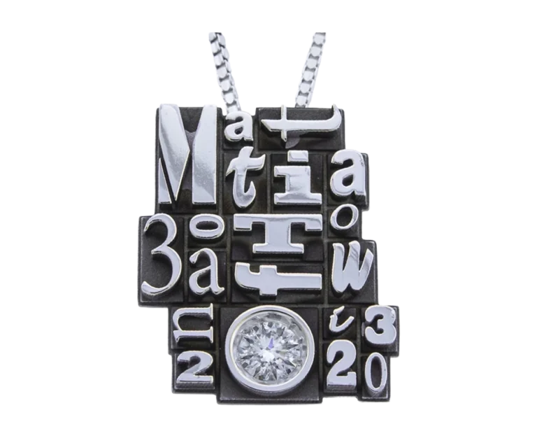 Custom white gold diamond pendant, typographic characters, front view