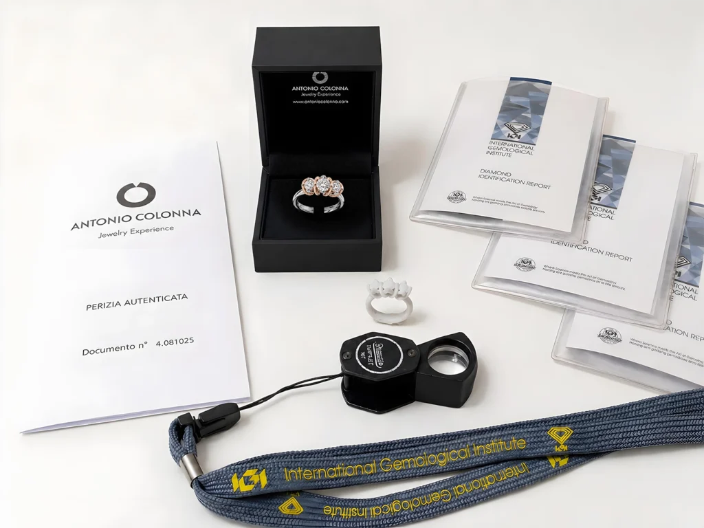 Engagement ring with gemmological certificates, appraisal documents and inspection tools