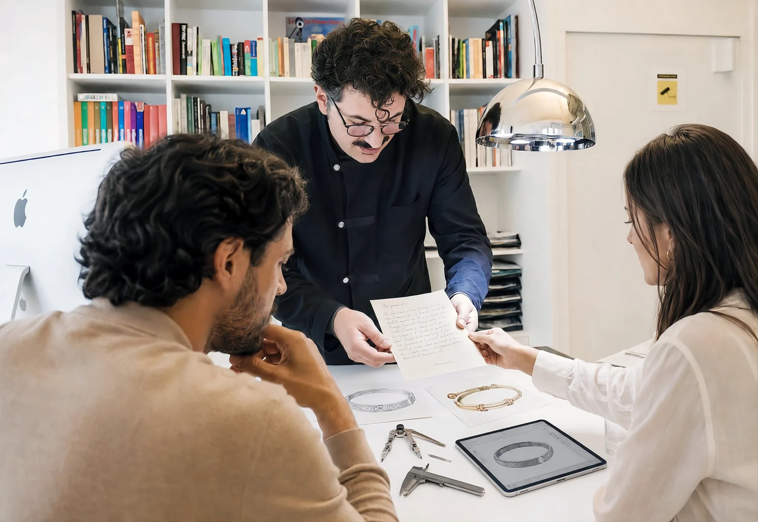 Gioielli narrativi su misura. Antonio Colonna presenta un bozzetto di gioiello a due clienti in laboratorio