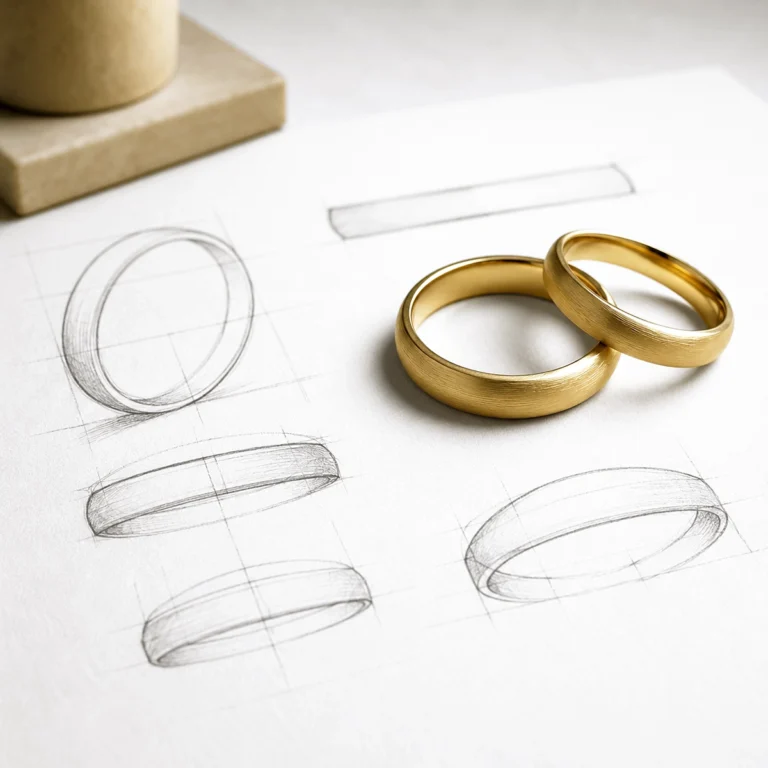 Bespoke wedding rings resting on design drafts