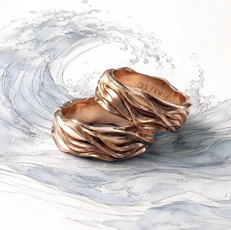 Bespoke rose gold wave wedding rings