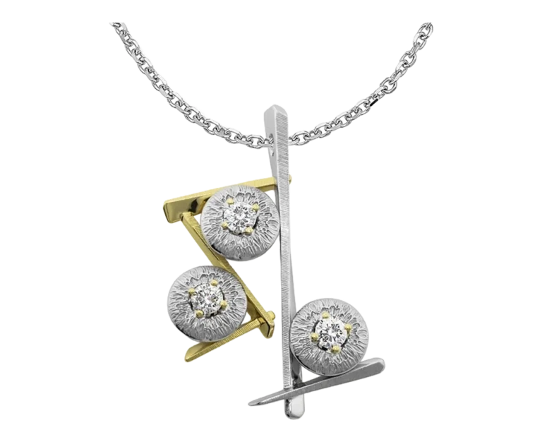 Pendente in oro bianco e giallo con diamanti Iride, vista frontale con tre elementi circolari