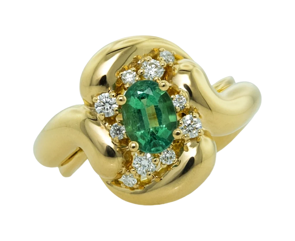Anello in oro giallo con smeraldo La famiglia visto frontalmente