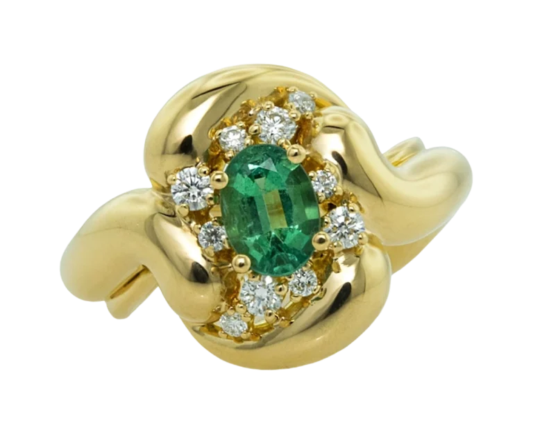 Anello in oro giallo con smeraldo La famiglia visto frontalmente