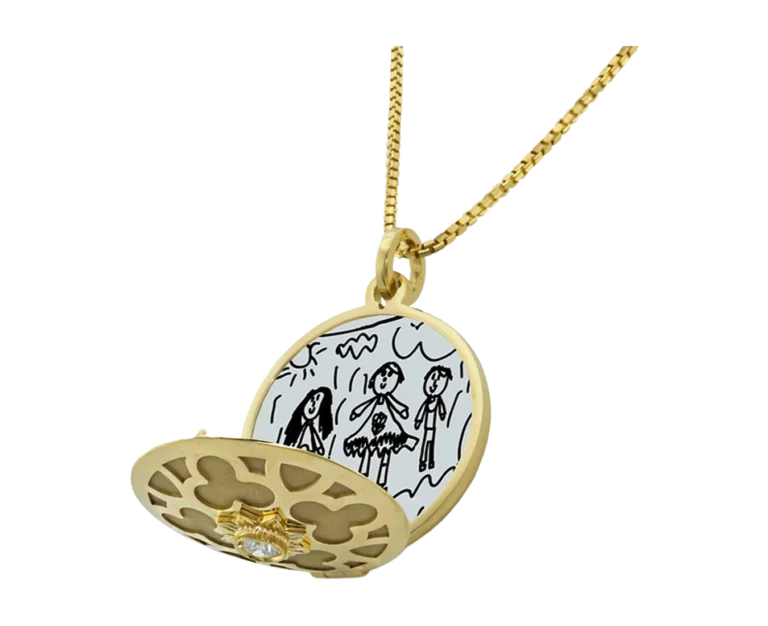 Custom yellow gold open family pendant with an illustration kept inside
