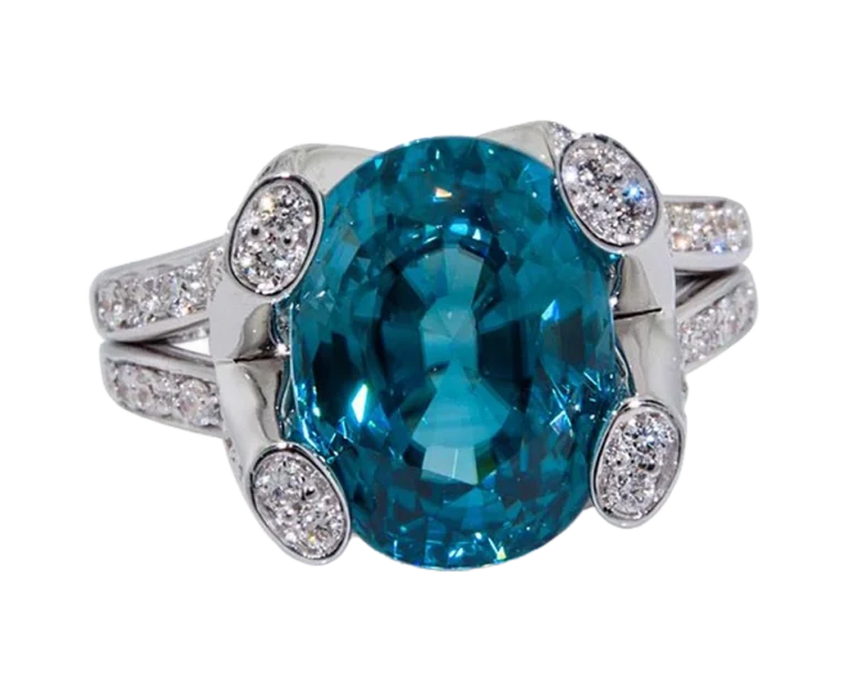 White gold ring with blue zirconia and natural diamonds seen from the front
