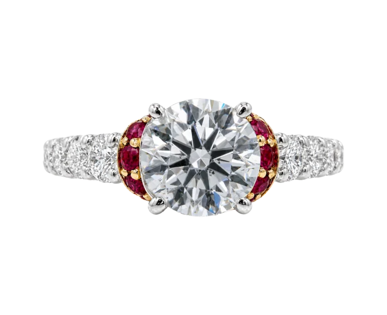 ‘Red Ribbon’ engagement ring in white and rose gold with rubies and diamonds