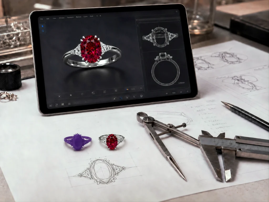 Progettazione 3D di anello artigianale con pietra rossa e strumenti orafi