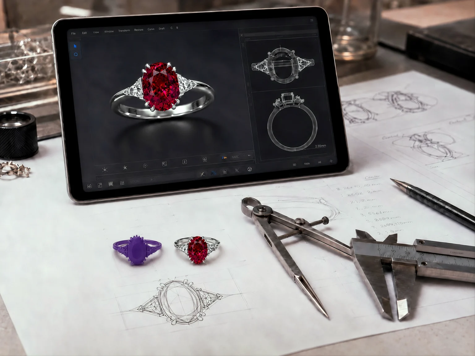 Progettazione 3D di anello artigianale con pietra rossa e strumenti orafi