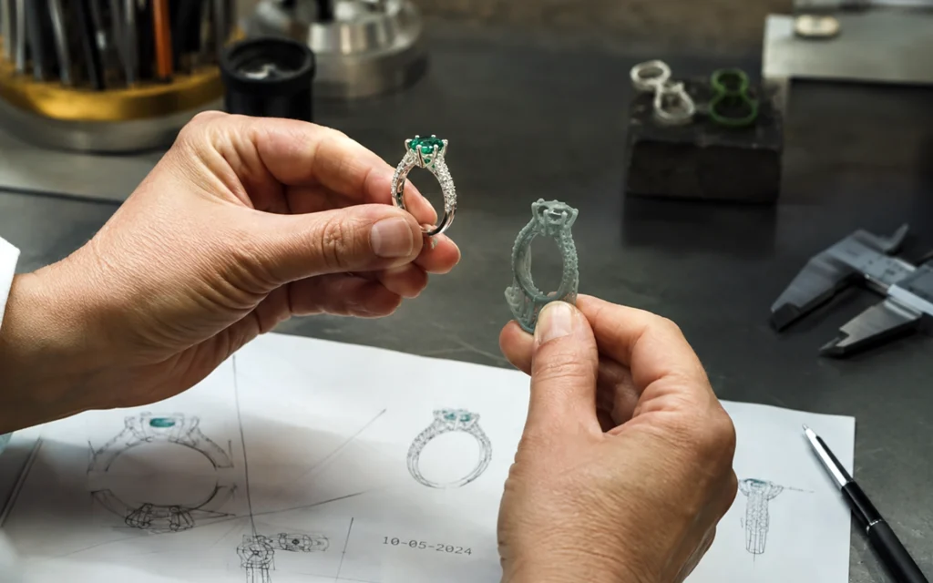 Progetto di gioiello artigianale con disegno e modello al banco orafo