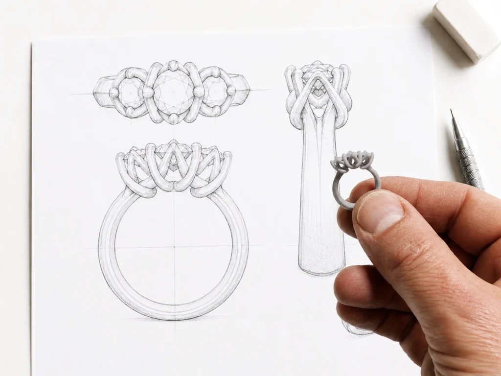 Progetto grafico di un anello su misura con prototipo al banco orafo