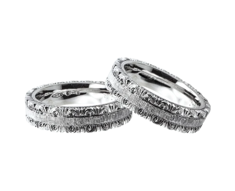 Pair of Embroideries of love white gold Wedding Rings with ornamental engravings