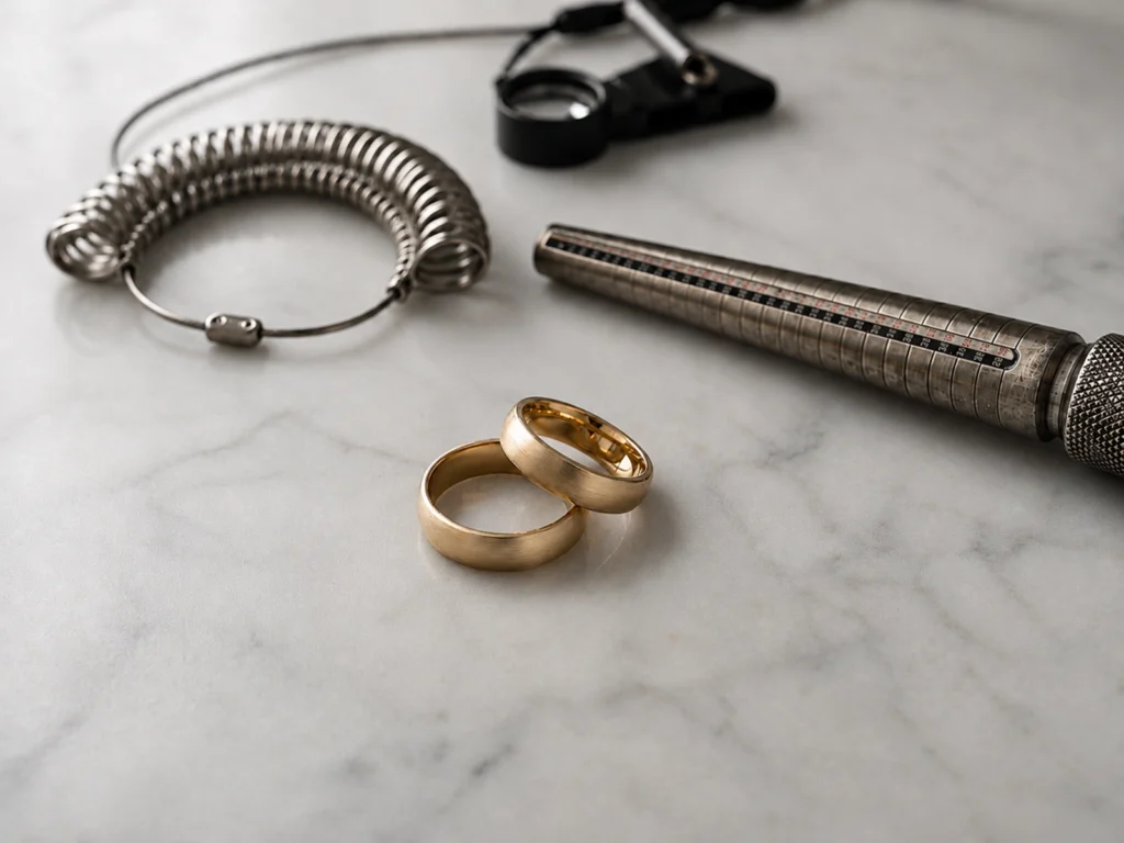 Bespoke wedding rings with measuring tools at the goldsmith's bench