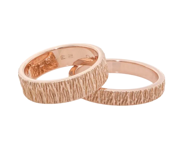Bespoke rose gold wedding rings Trame with a fabric-inspired texture