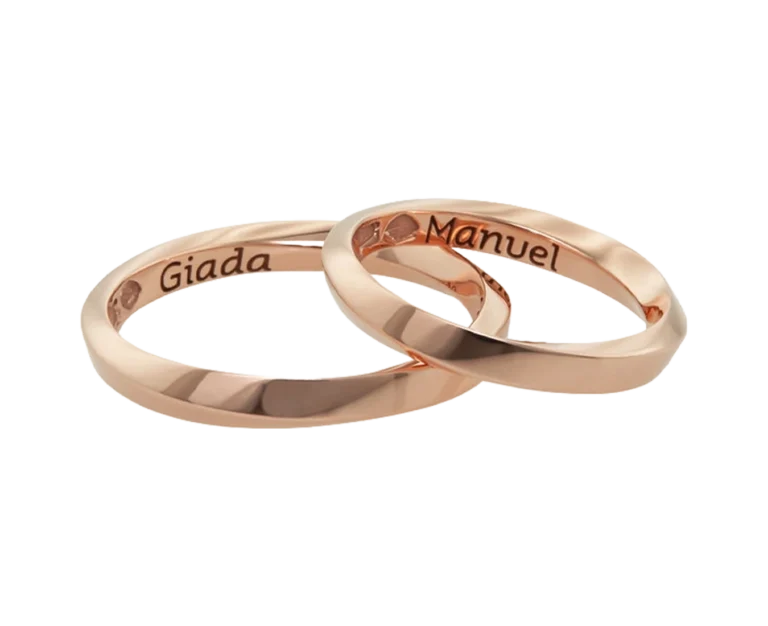 Fedi personalizzate in oro rosa 18 carati Twist viste su fondo neutro