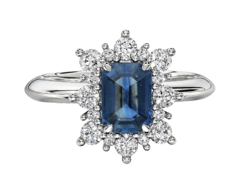 White gold ring with an octagonal aquamarine and natural diamonds viewed from the front