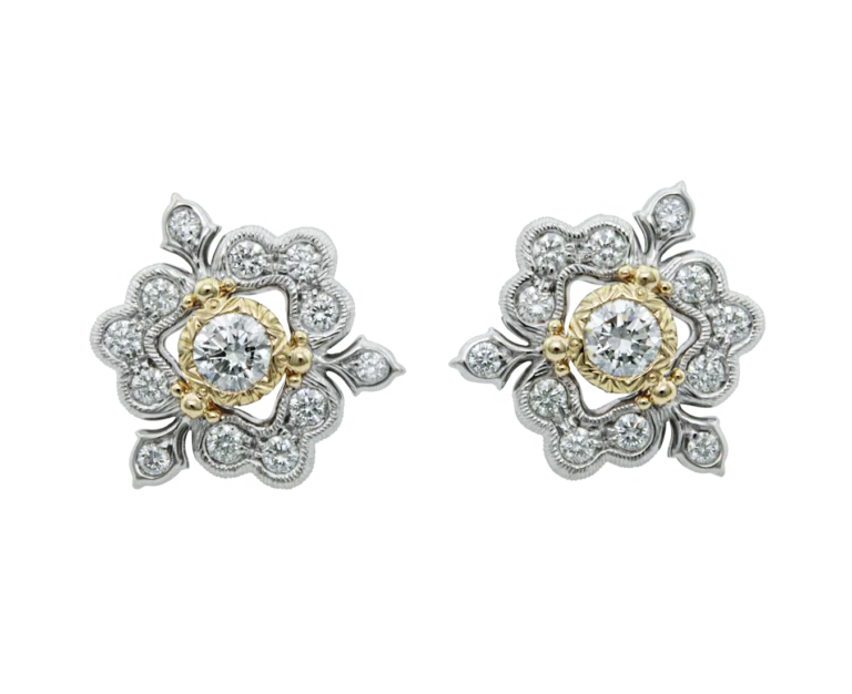 Florentine-style 18-carat white and yellow gold diamond earrings, front view