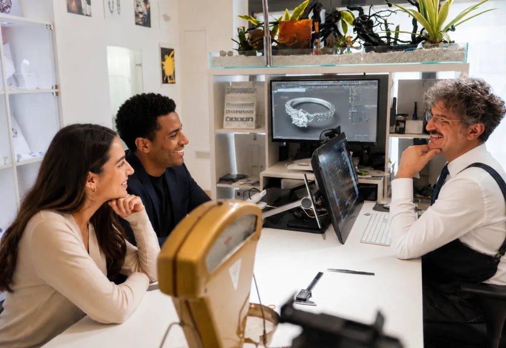 Private consultation in Antonio Colonna's workshop for a bespoke jewellery project with 3D design