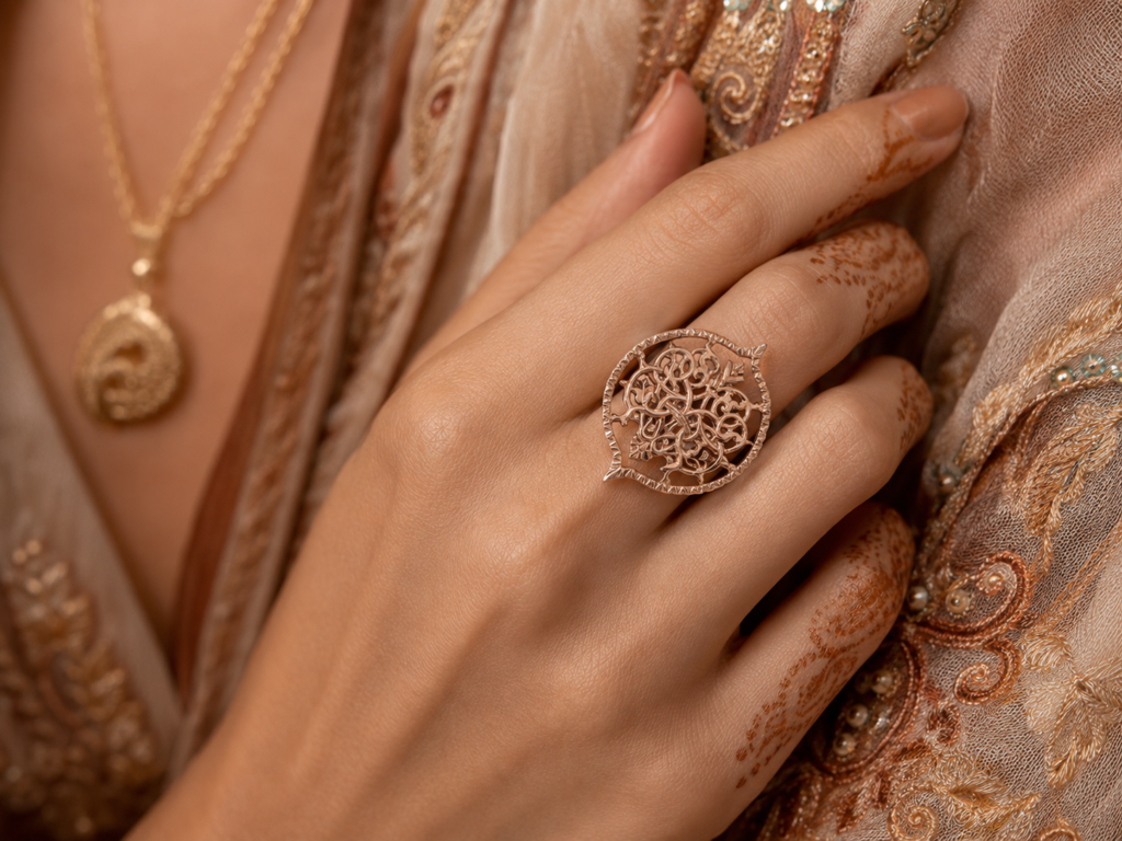 Anello con motivo traforato indossato su una mano con decorazioni all’henné