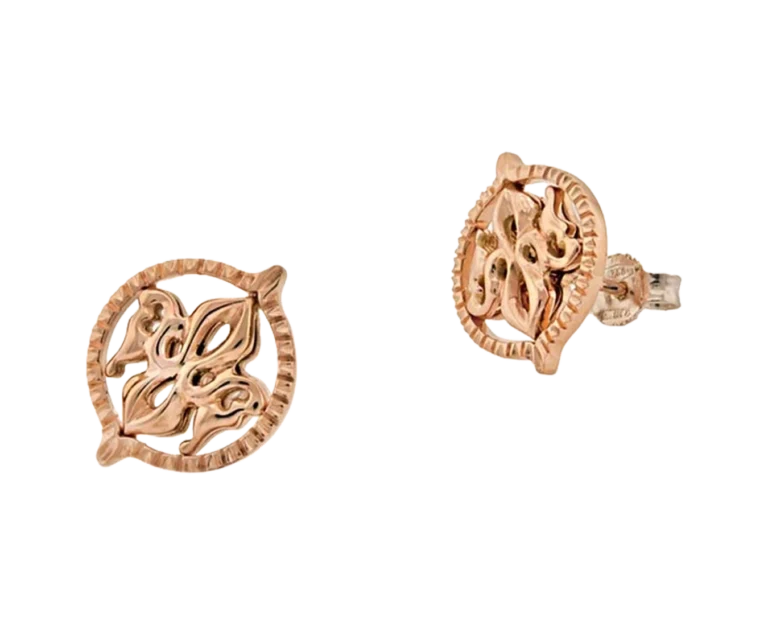 18-carat rose gold Arabian earrings with curvilinear motifs, front and side view