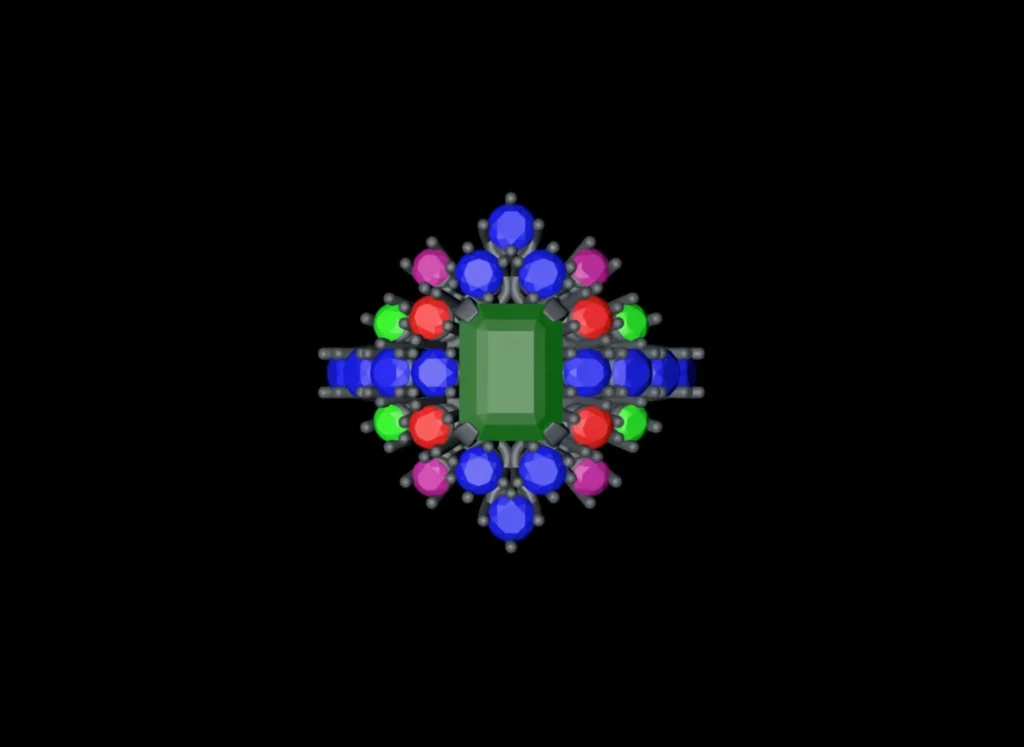 Schema CAD con calcolo delle dimensioni e del posizionamento delle gemme per l'anello Mimosa