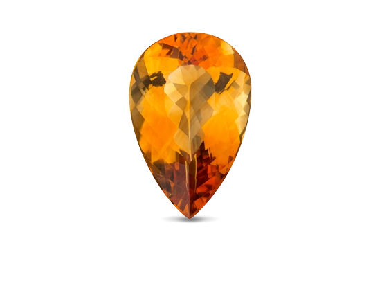 Golden-orange citrine with a faceted pear cut on a white background