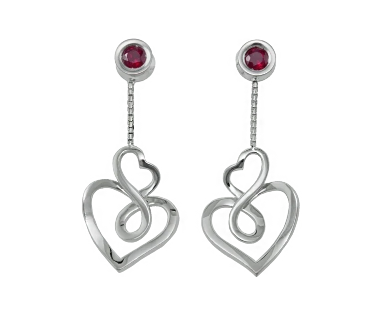 White gold earrings with natural rubies, Hearts of love, front view