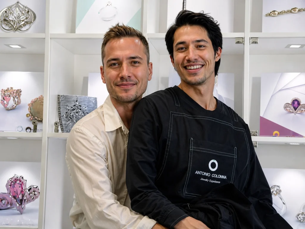 Due uomini sorridenti nell’atelier Antonio Colonna per un articolo su fedi e gioielli per unioni civili LGBTQ+.