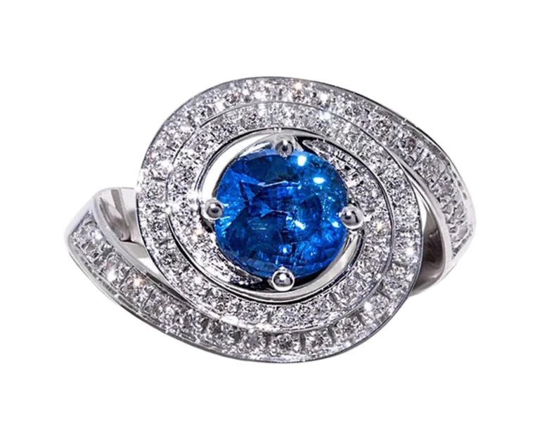 Anello in oro bianco con zaffiro blu e diamanti galassia blu visto frontalmente