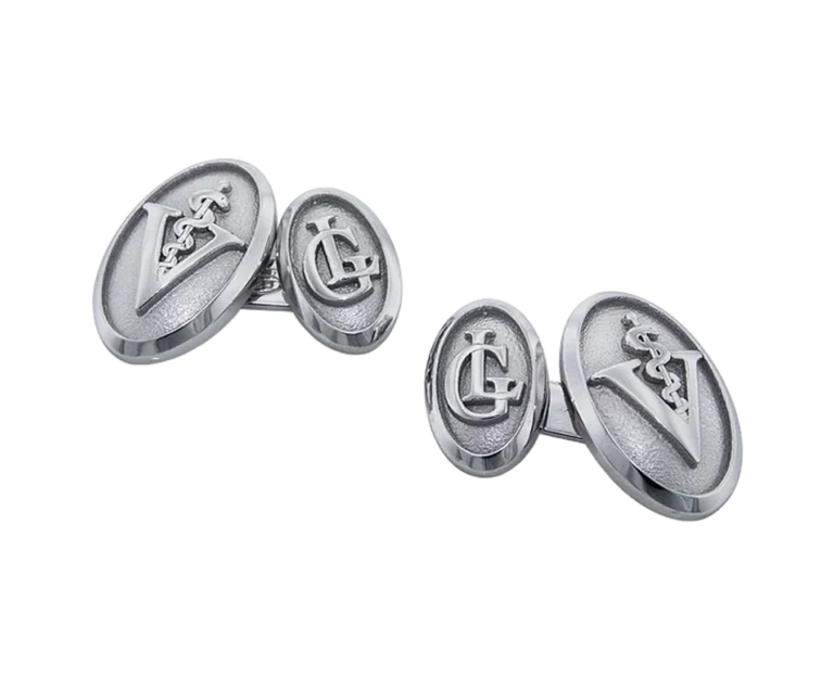 Personalised white gold cufflinks with veterinary logo and initials