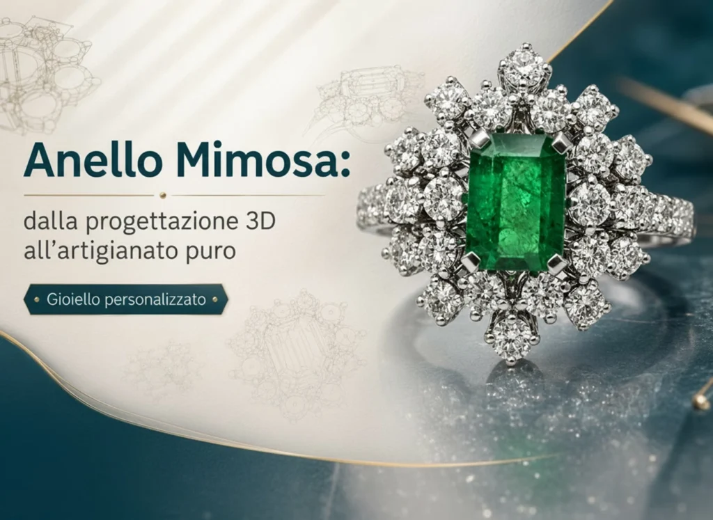 Mimosa ring in white gold with a central emerald and diamonds