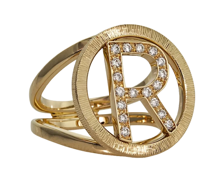 Front view of the yellow gold ring with letter R in diamonds