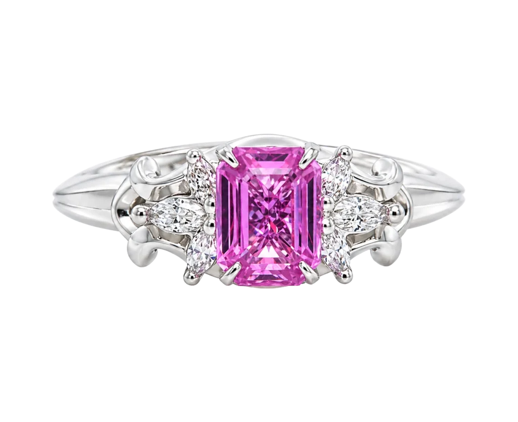 Anello in oro bianco con zaffiro rosa e diamanti Rivelazione nel mare visto frontalmente