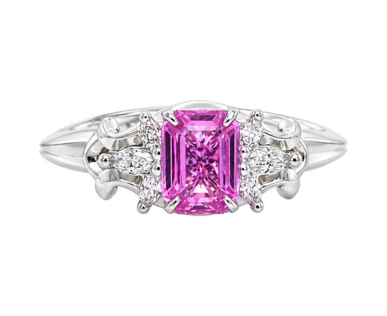 Anello in oro bianco con zaffiro rosa e diamanti Rivelazione nel mare visto frontalmente