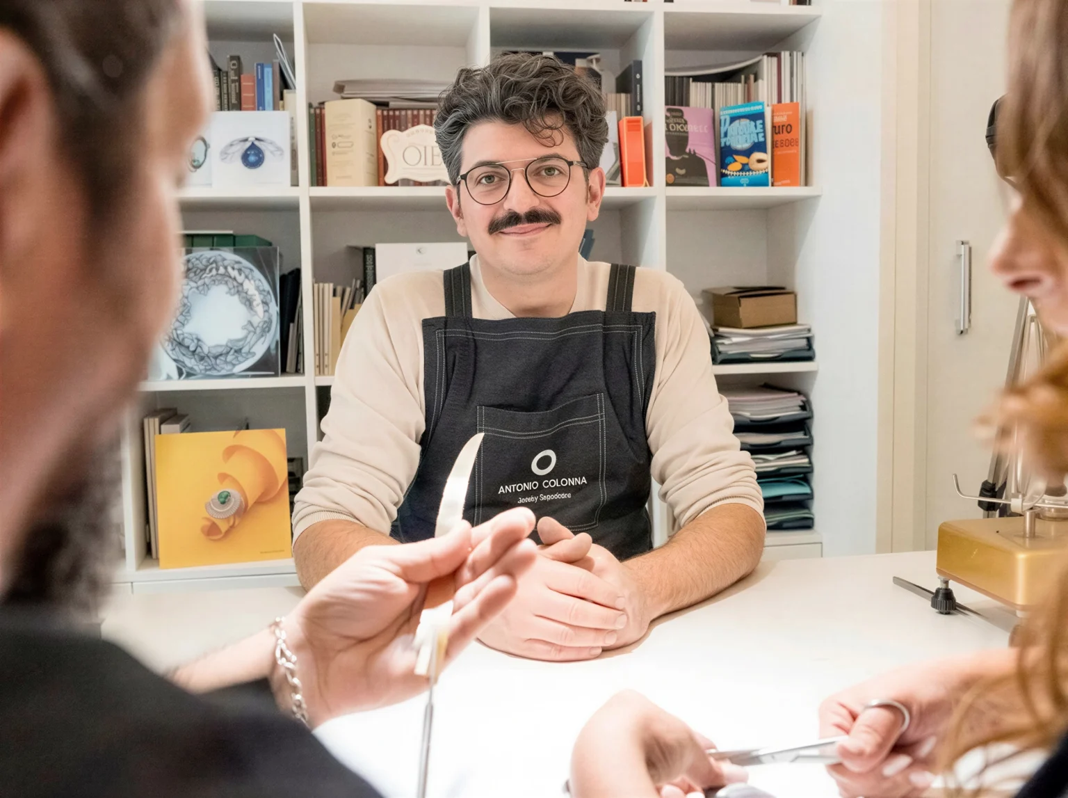 Antonio Colonna durante una consulenza riservata con i clienti nel laboratorio orafo per la progettazione di gioielli su misura